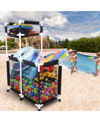 Extra Large Mesh Pool Storage Bin Noodles Holder Toys Organizer,Rolling 6 Wheels,Double Decker Cart