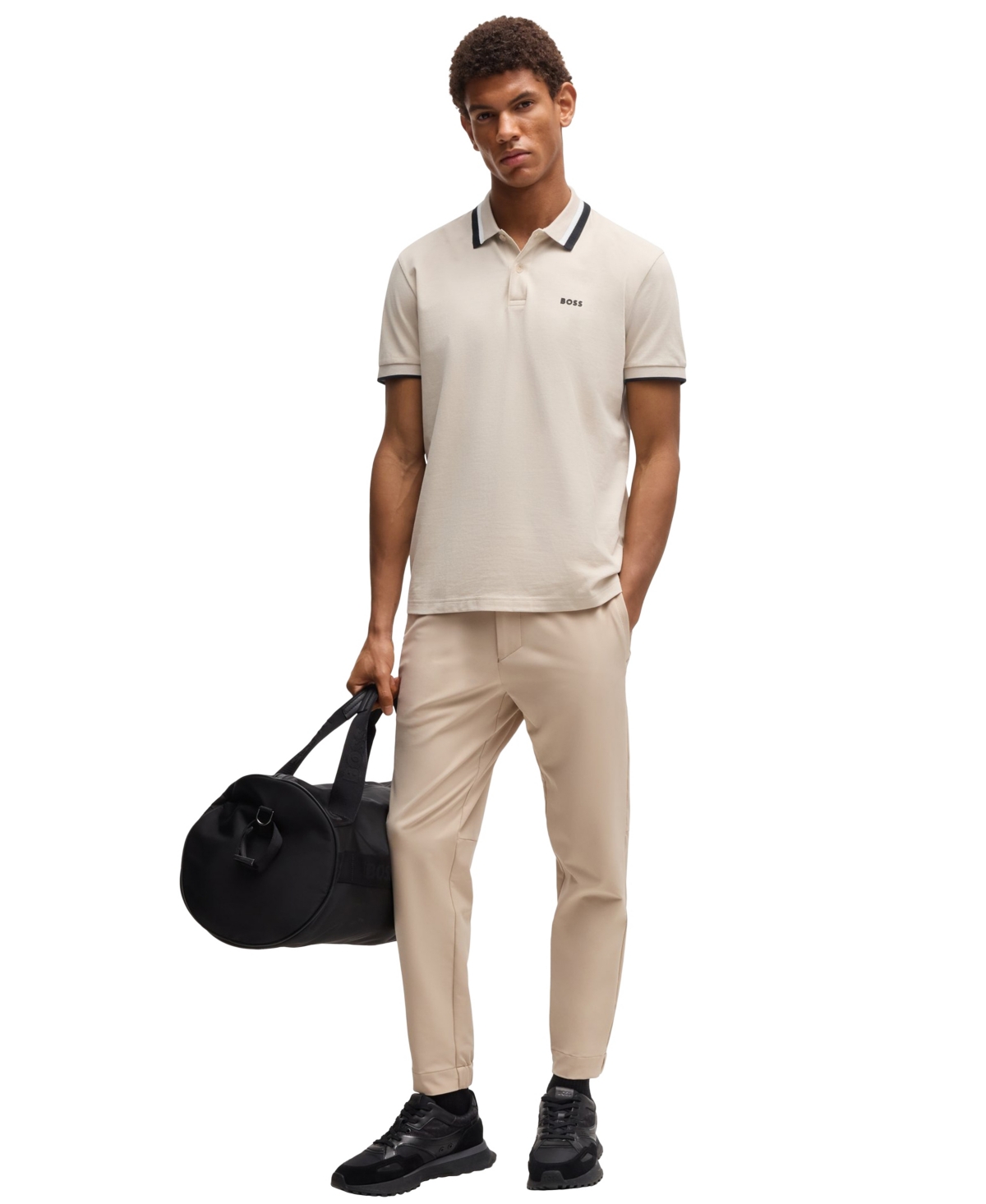 Hugo Boss Performance-stretch Polo Shirt With Contrast Logo In Open Beige