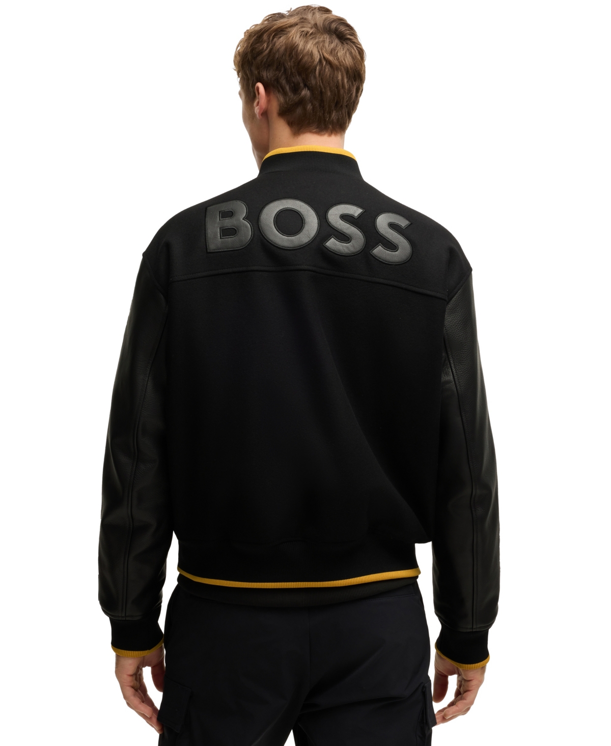 Hugo Boss X Nfl Leather Sleeve Wool-blend Jacket In Black