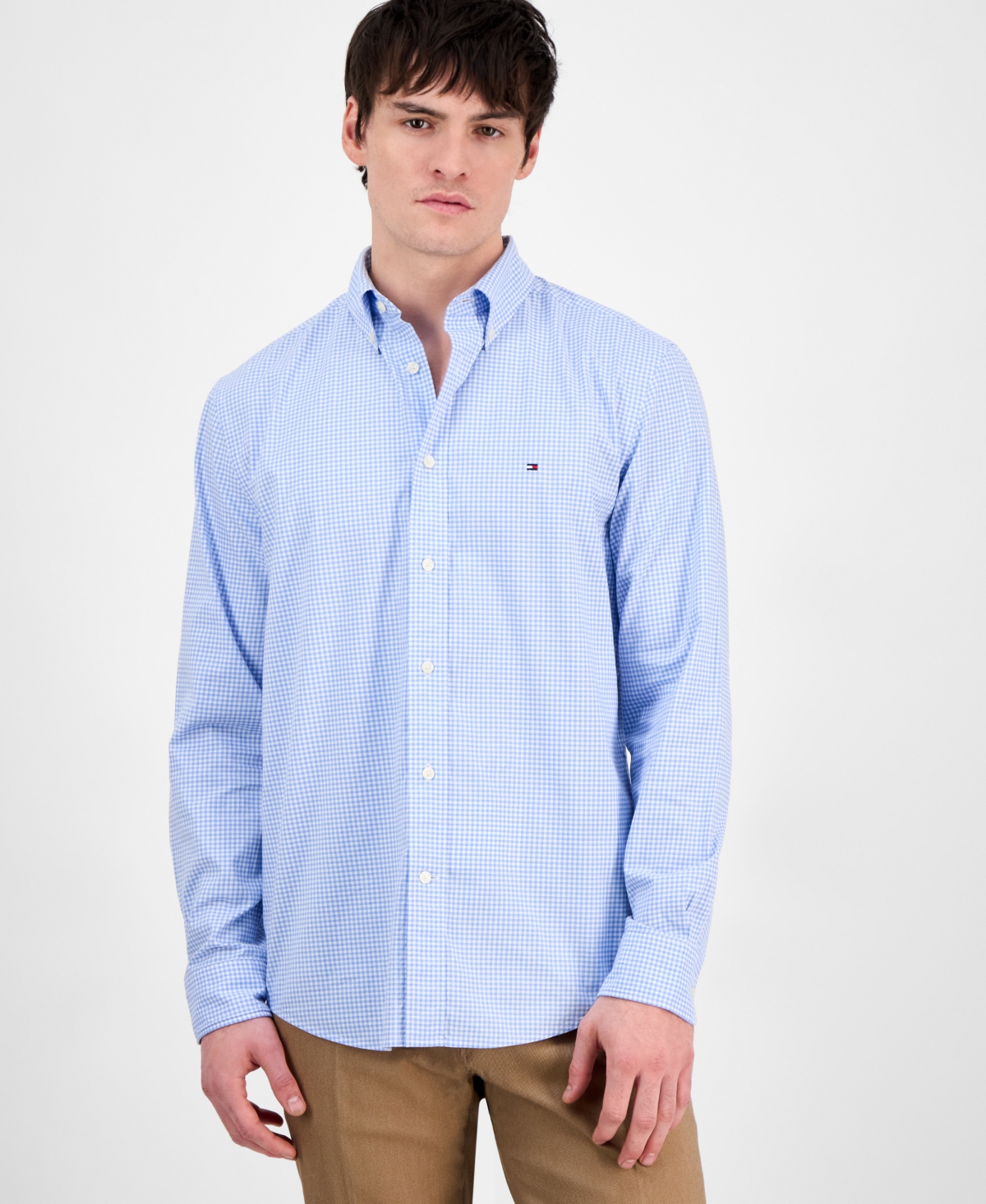 Tommy Hilfiger Men's Regular-fit Flex Gingham Check Button-down Poplin Shirt In Sweet Blue,optic White