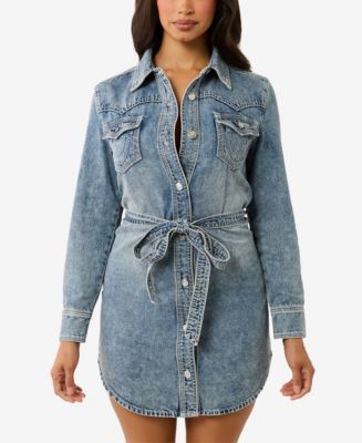 True Religion Women's Georgia Shirt Belted Denim Dress - Macy's
