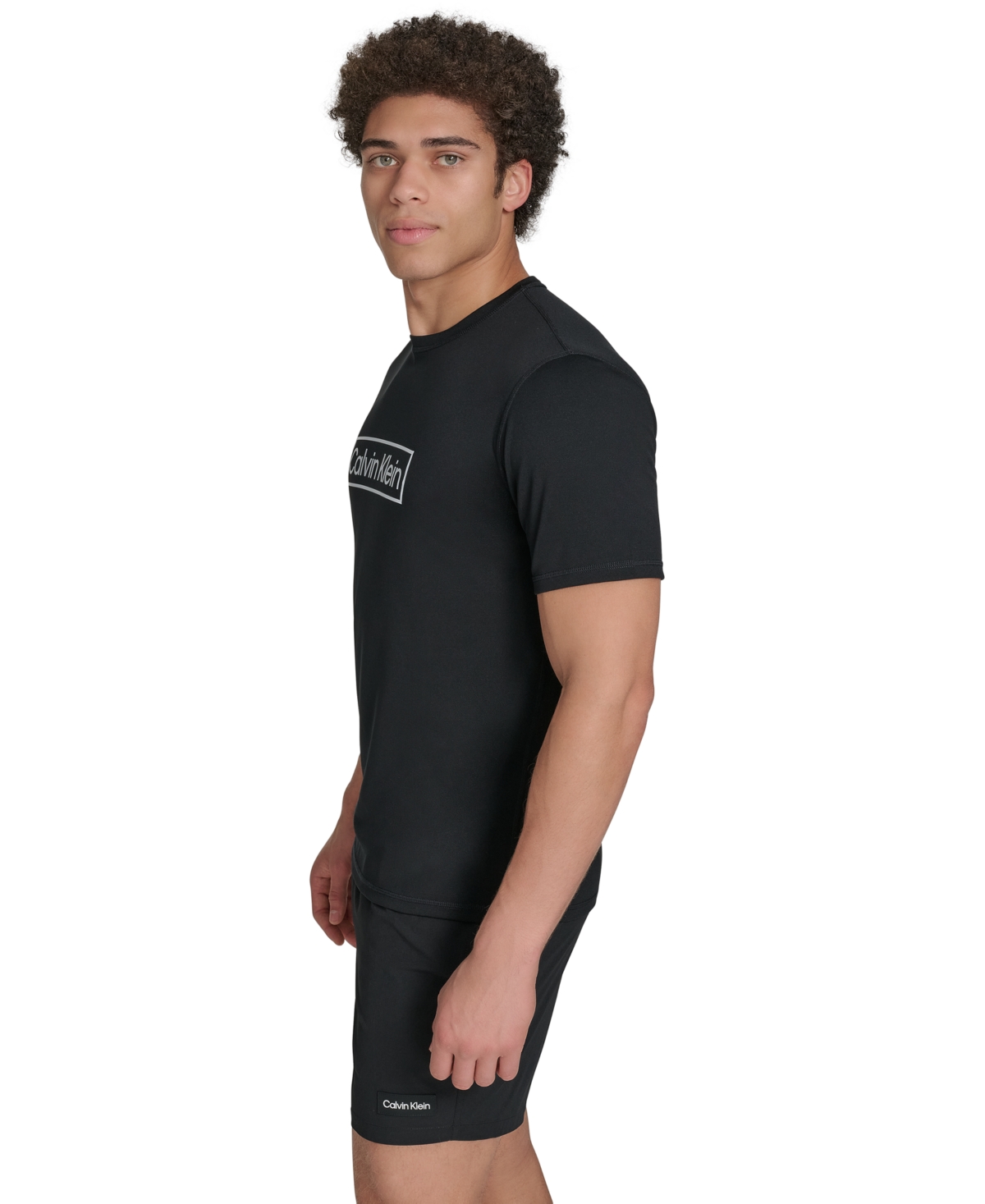 Shop Calvin Klein Men's Logo Short-sleeve Swim Rash Guard In Black