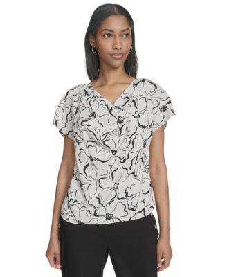 Halston - Women's Printed Cap-Sleeve V-Neck Blouse
