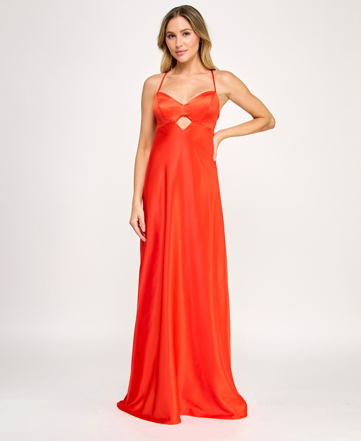 Juniors' Satin Lace-Up Cutout Gown - Tomato