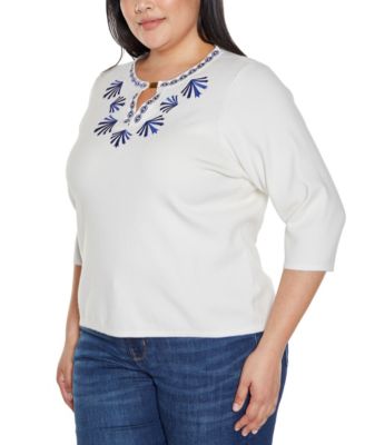 Plus Size Black Label Embroidered Split-Neck Sweater