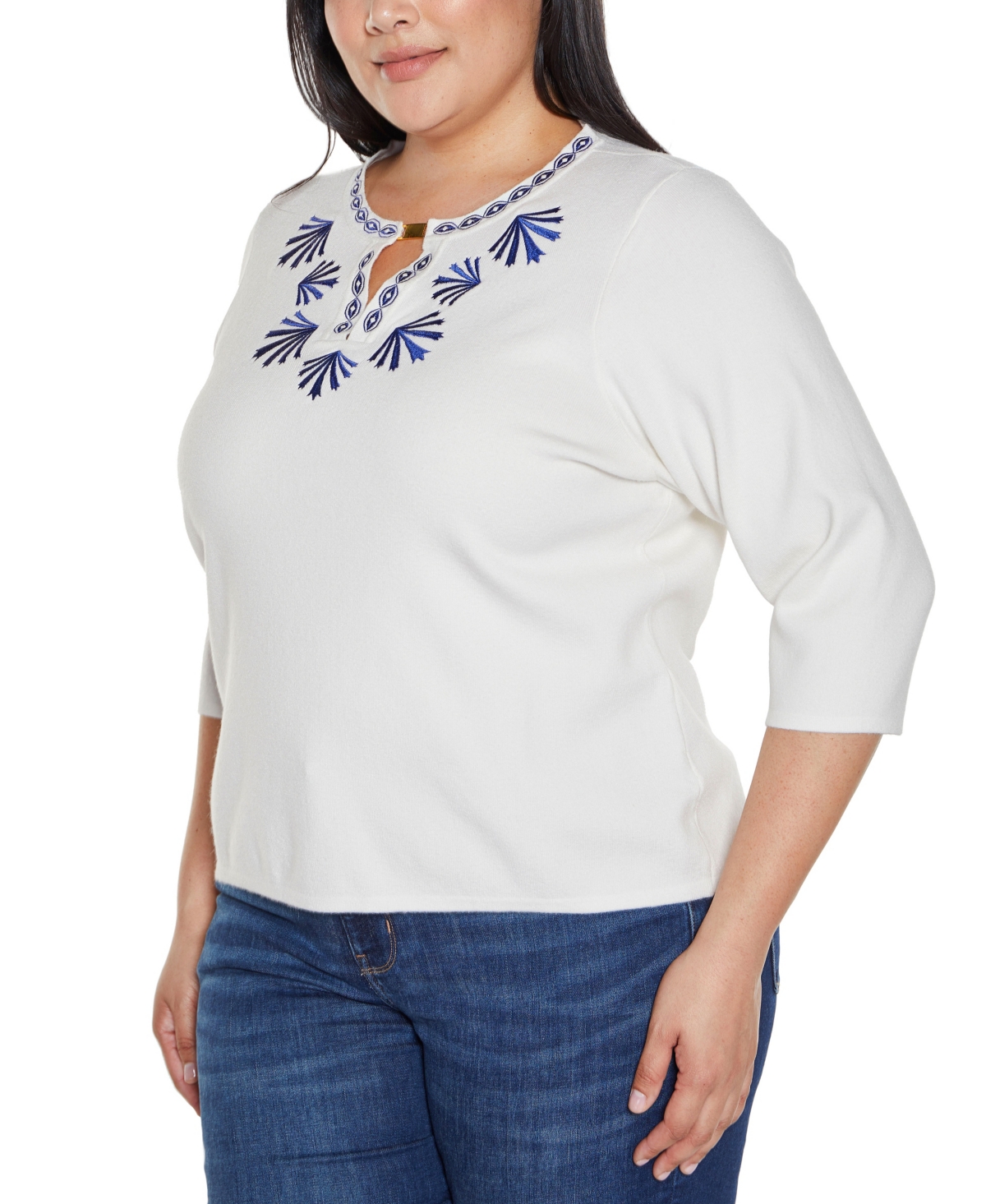 BELLDINI PLUS SIZE BLACK LABEL EMBROIDERED SPLIT-NECK SWEATER 
