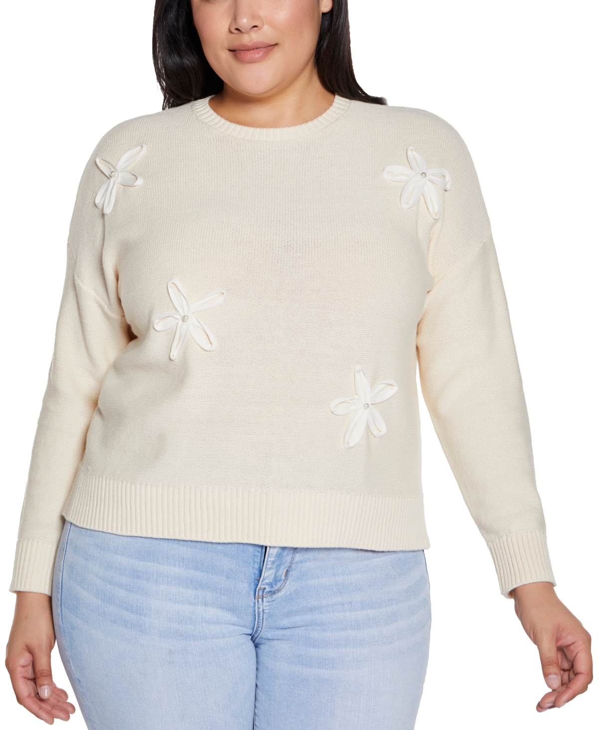 BELLDINI PLUS SIZE 3D FLORAL CREWNECK TRIM SWEATER 