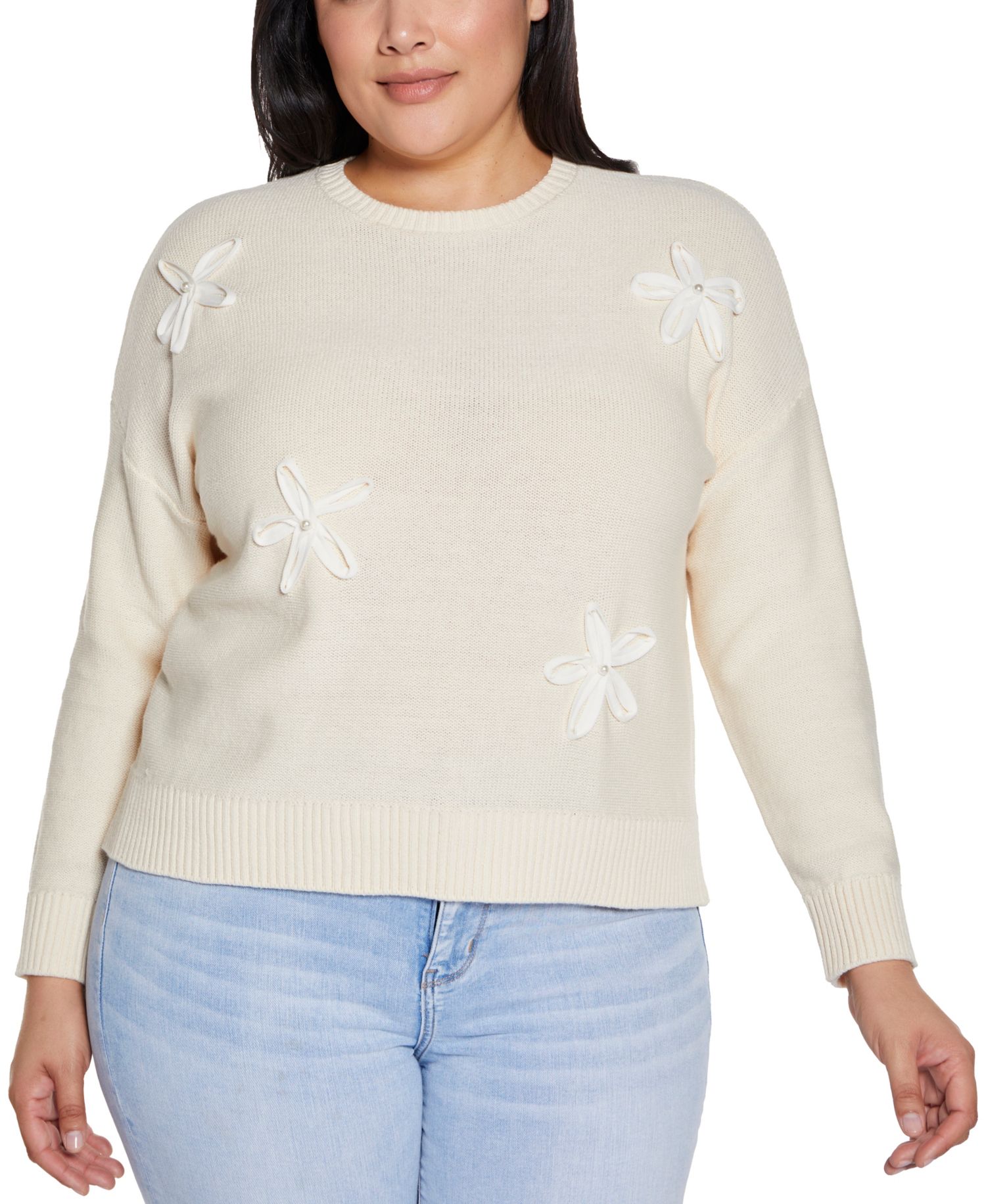 Plus Size 3D Floral Crewneck Trim Sweater