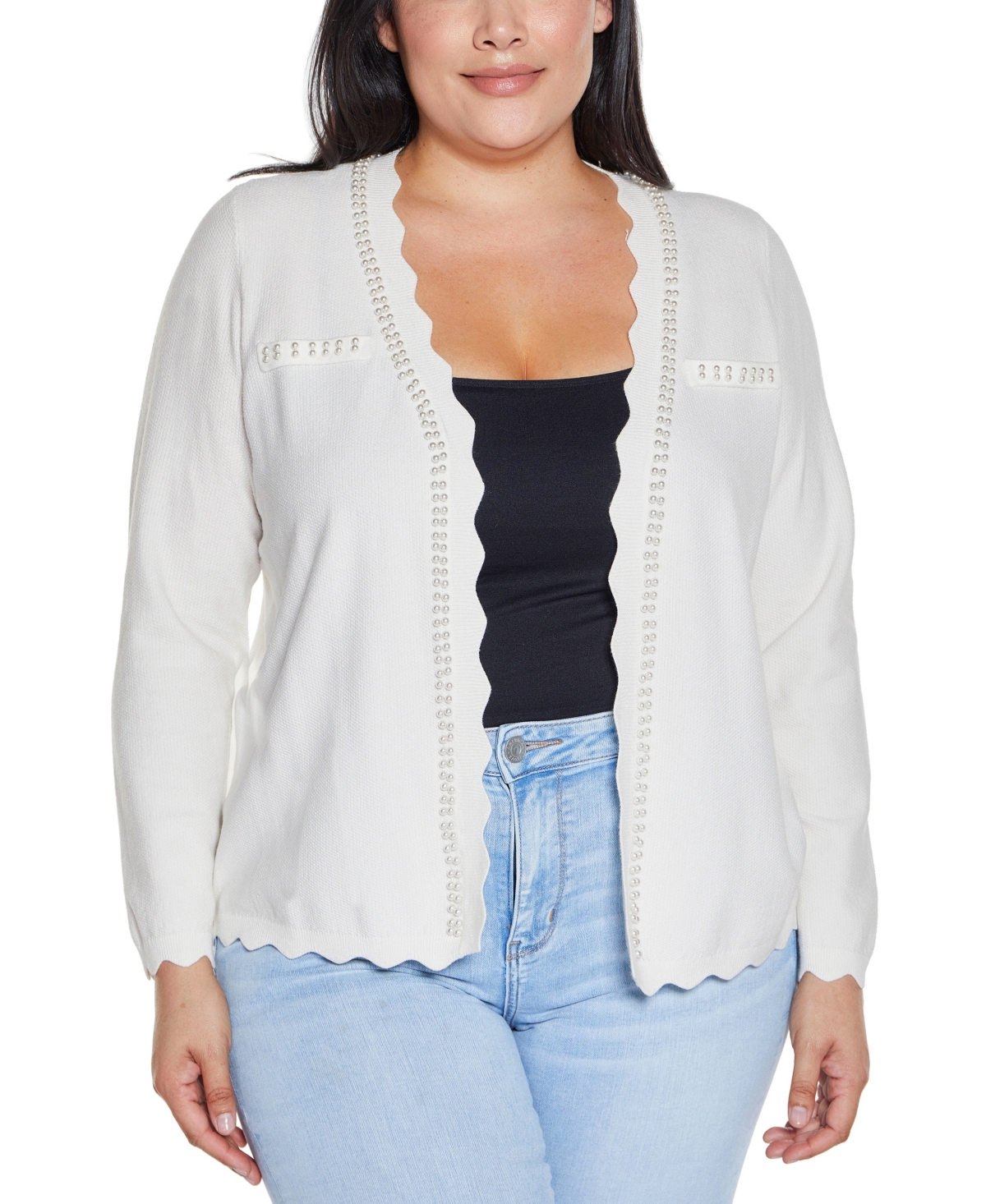 BELLDINI PLUS SIZE BLACK LABEL CULTIVATED-PEARL-TRIM OPEN CARDIGAN SWEATER 