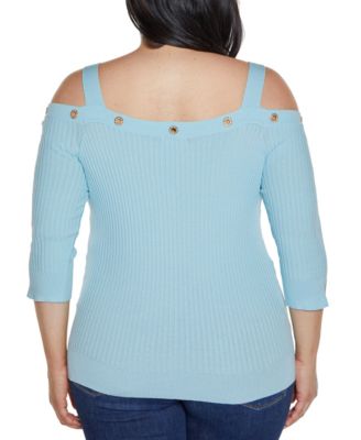 Plus Size Black Label  Rhinestone Grommet Cold-Shoulder Sweater