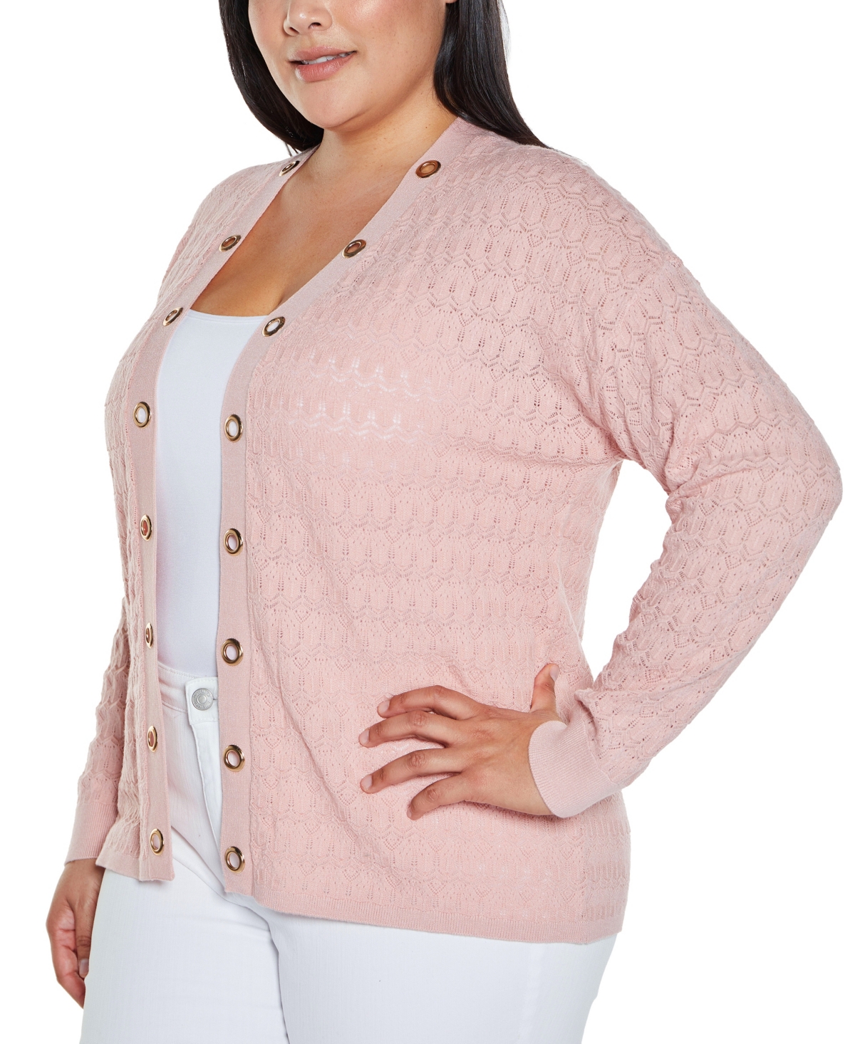 BELLDINI PLUS SIZE BLACK LABEL POINTELLE AND GROMMET OPEN CARDIGAN SWEATER 