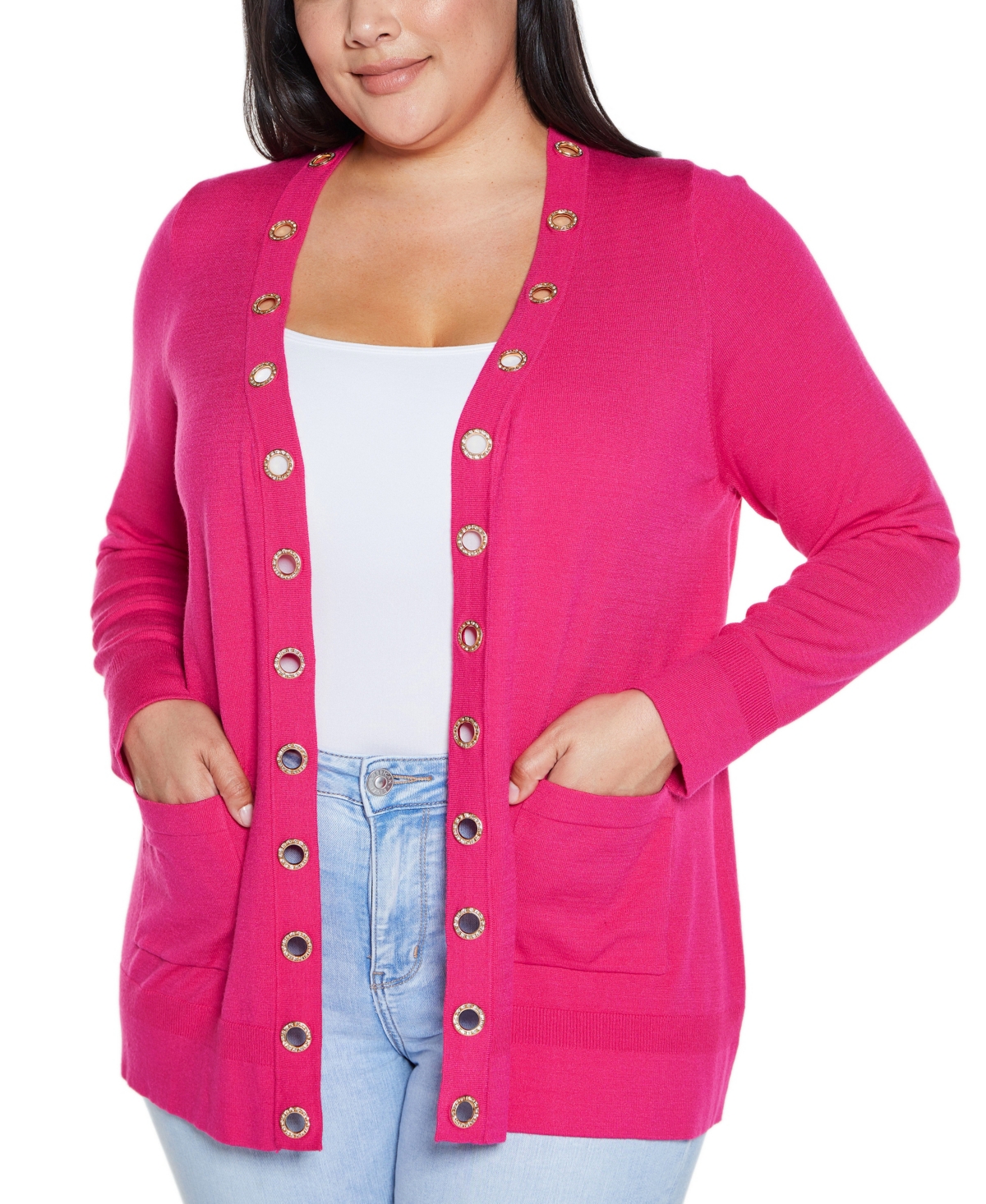 BELLDINI PLUS SIZE BLACK LABEL RHINESTONE GROMMET OPEN-FRONT CARDIGAN SWEATER 
