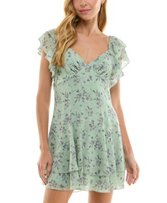 City Studios Juniors' Printed Flutter-Sleeve Chiffon Dress