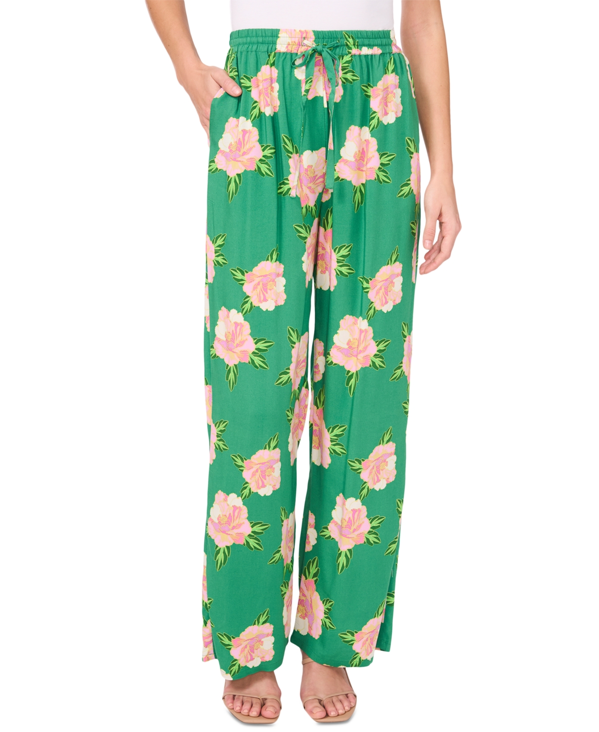 Cece Floral Print Wide Leg Pants In Medium Green