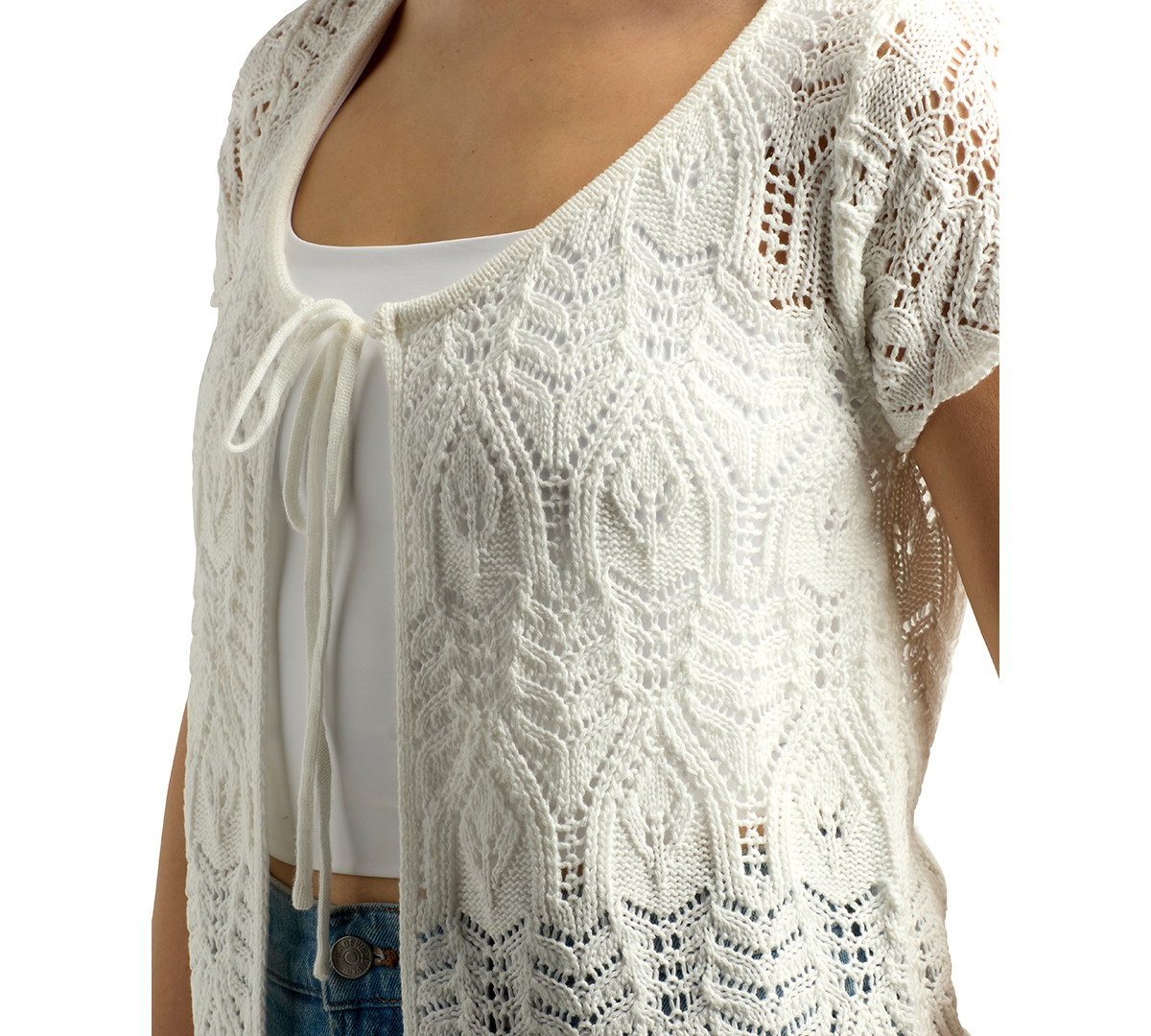 Bcx Juniors' Scalloped Pointelle Short-sleeve Cardigan In Off White