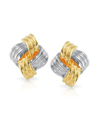 Geometric Square Two Tone Rope Cable Love Knot Clip On Earrings For Non Pierced Ears Gold Silver Plated Brass