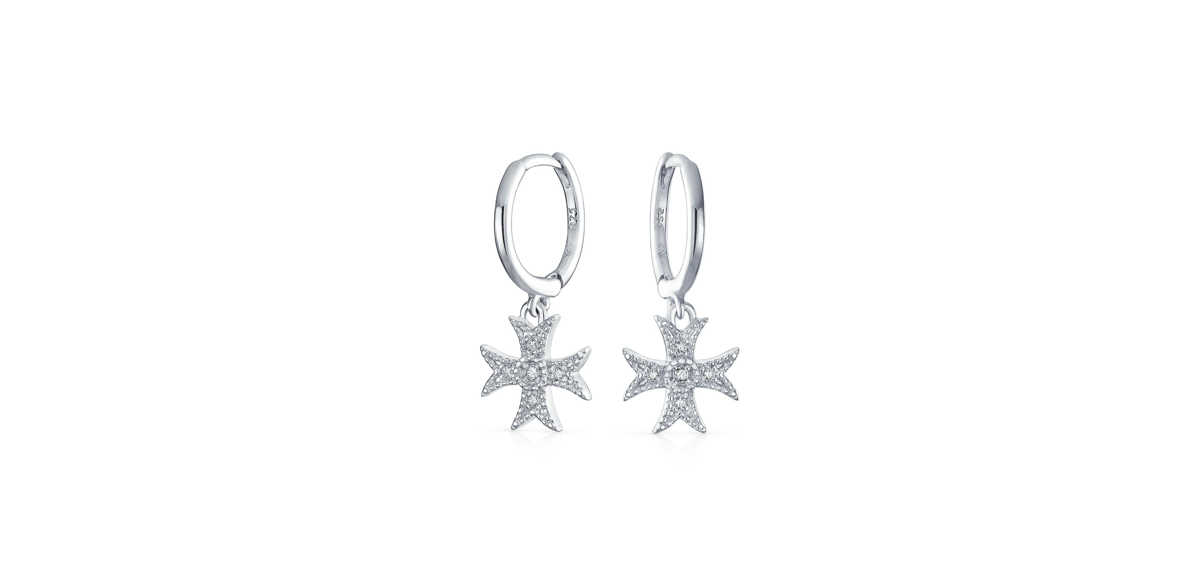 Bling Jewelry Pave Cz Dangle Chandelier Earrings with Masonic Knight Templar Cross Charms Silver