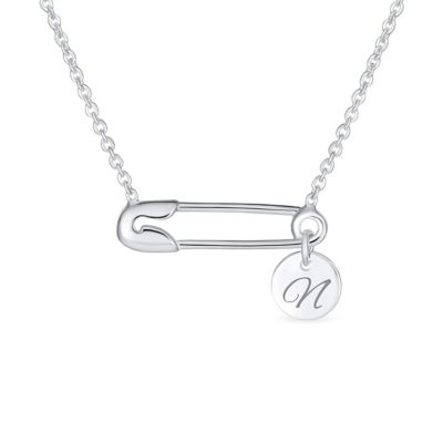 Sideways Safety Pin E Pendant Necklace for Solidarity Sterling Silver