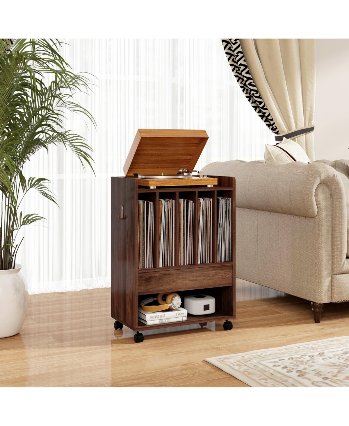 Rolling Turntable Stand with Drawer and Vinyl Storage for Living Room or Bedroom