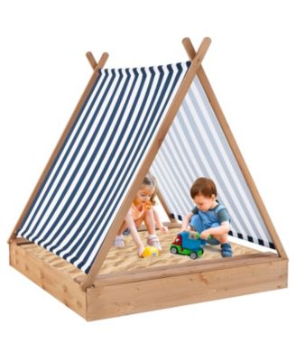 Sandbox with Cover and 2 Bench Seats Outdoor Wooden Play Sandpit for Kids