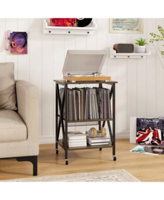 Mid-Century Record Player Stand with Charging Station and Storage Shelves