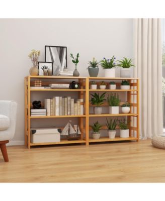 4-Tier Bookshelf Rubber Wood Bookcase with Side Fences for Living Room