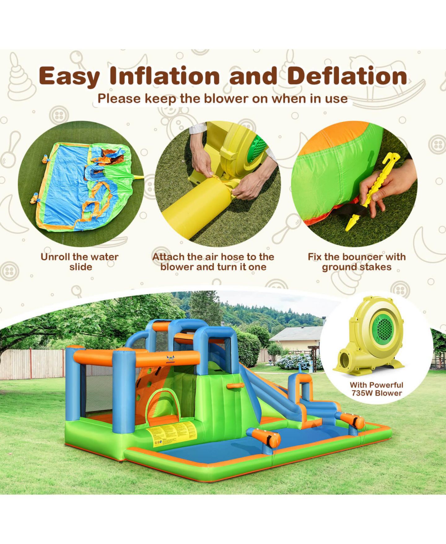 Детская игрушка Slickblue 7-in-1 Inflatable Giant Water Park Bouncer with Dual Climbing Walls and 735W Blower, цвет: Зелёный — фото 6
