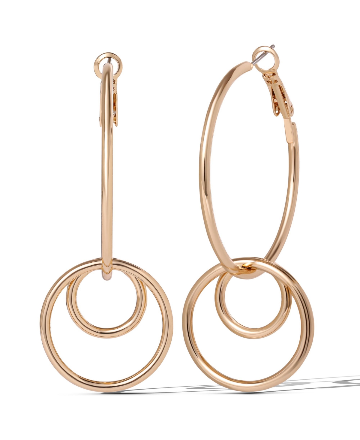 Gold-Tone Triple Ring Drop Hoop Earrings â Bold and Stylish Statement Accessory - Gold tone
