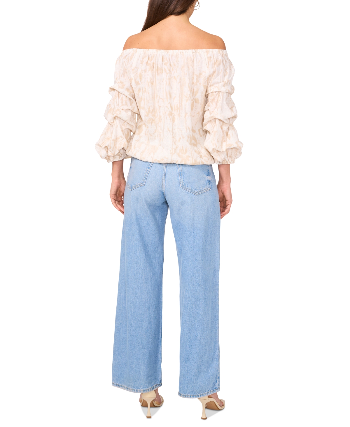 VINCE CAMUTO WOMEN'S PRINTED LINEN-BLEND OFF-THE-SHOULDER BUBBLE 3/4-SLEEVE TIE-FRONT BLOUSE 