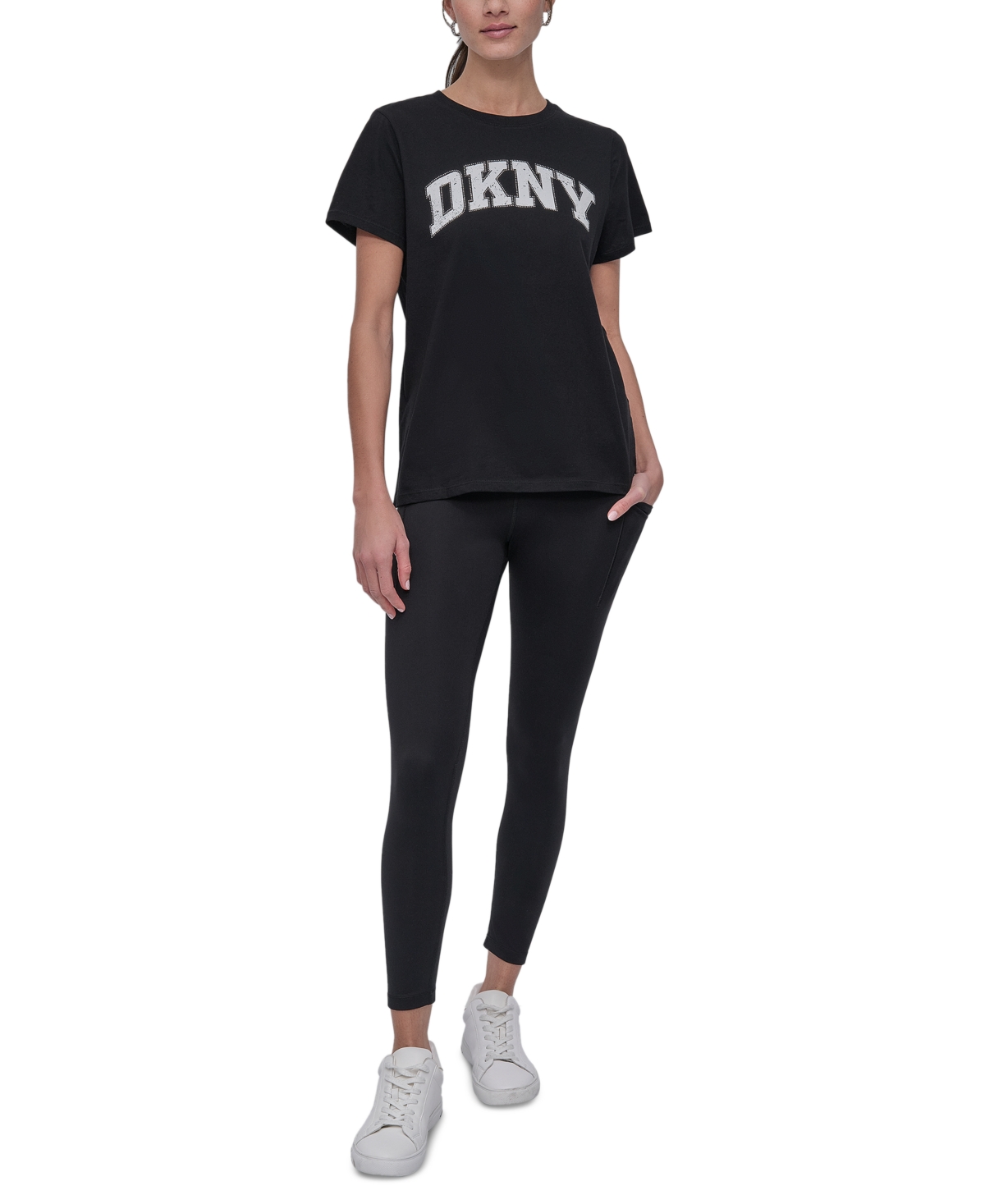 Dkny Women's Active Rhinestone-logo Distressed Crewneck Cotton T-shirt In Black,eggnog