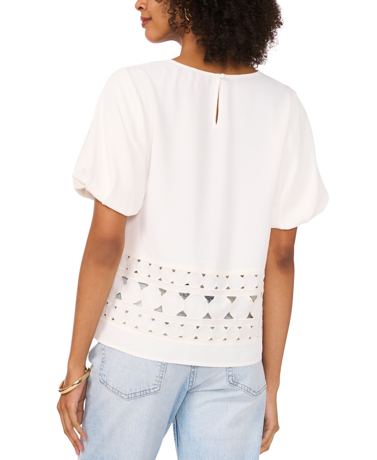 VINCE CAMUTO WOMEN'S CREWNECK PUFF-SLEEVE EMBROIDERED TOP 