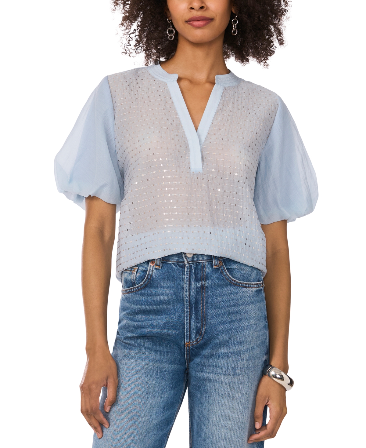Vince Camuto Sequin Stripe Puff Sleeve Top In Lake Breeze