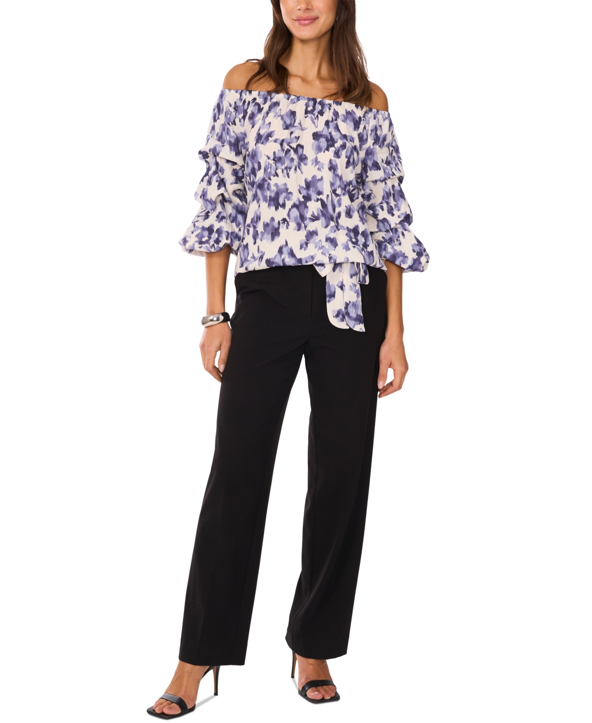 VINCE CAMUTO WOMEN'S FLORAL OFF-THE-SHOULDER BUBBLE 3/4-SLEEVE TIE-FRONT BLOUSE 