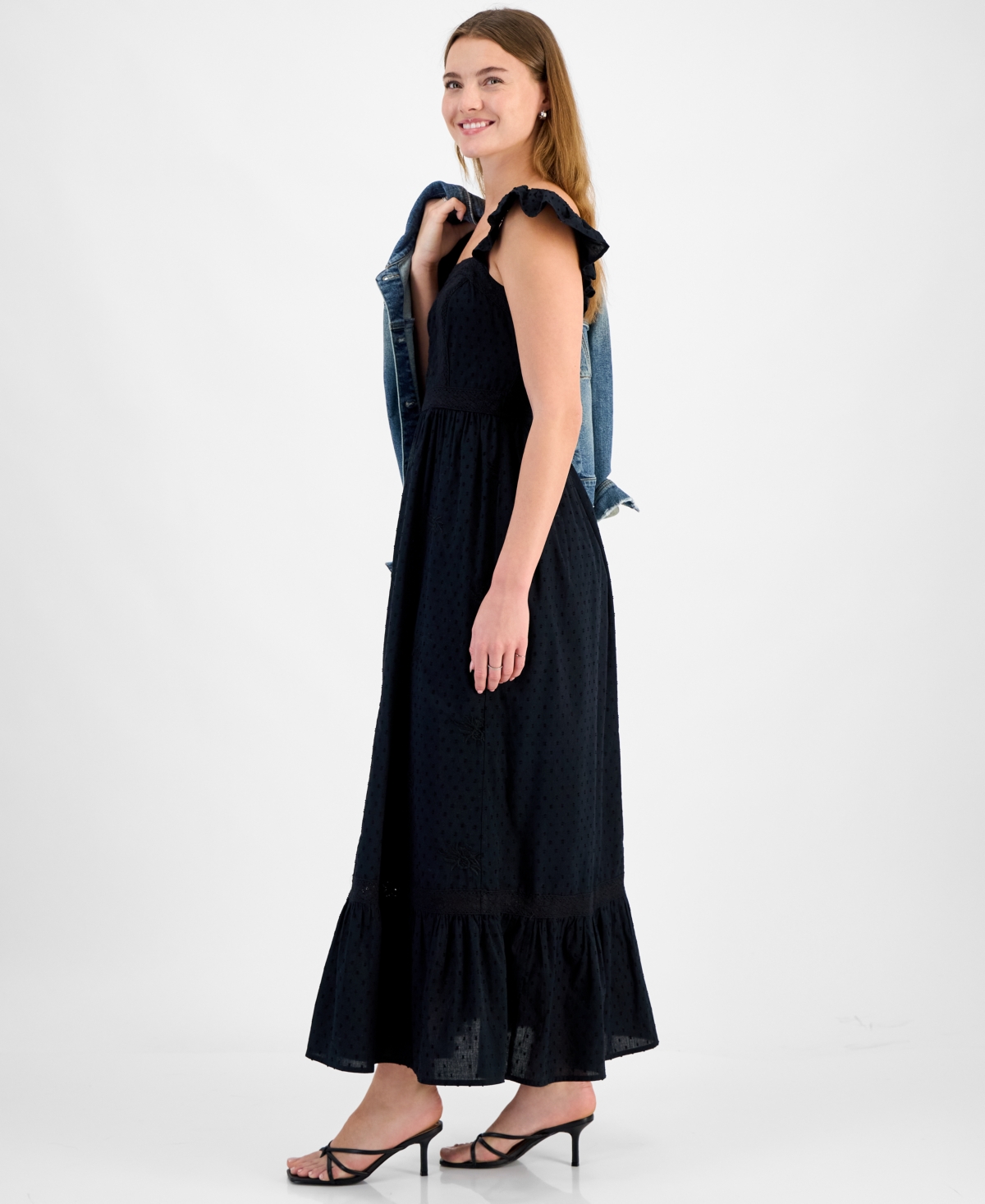 And Now This Women's Cotton Ruffled-strap Swiss Dot Maxi Dress, Exclusively At Macy's In Black