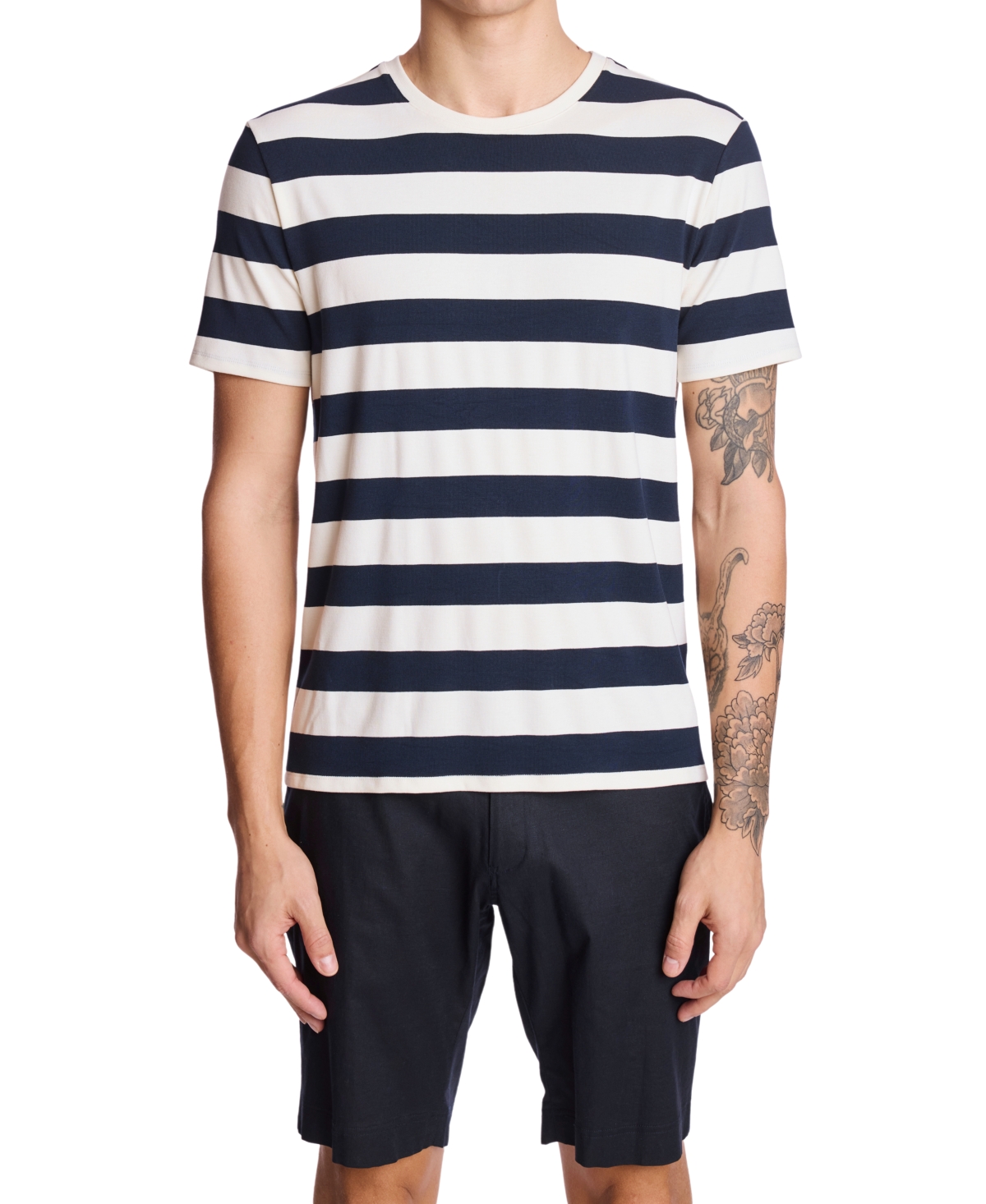 Men's Slim Fit Short Sleeve Striped T-Shirt - Navy White Wide Stripes