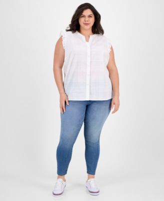 Plus Size Cotton Ruffled Sleeveless Shirt