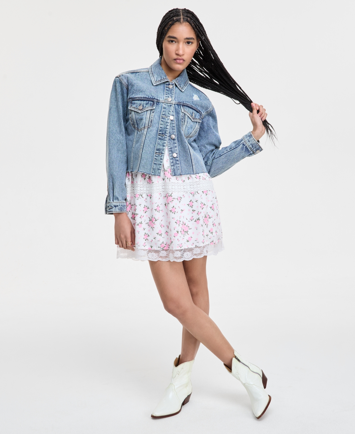 Celebrity Pink Juniors' Distressed Button-front Denim Jacket In Clap Track