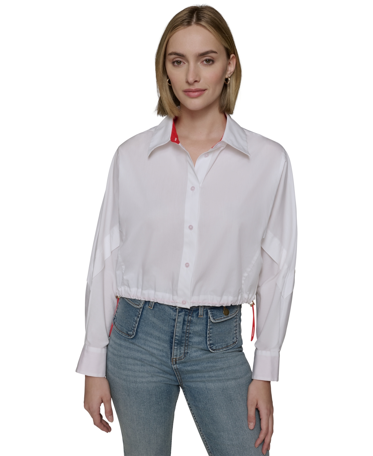 Karl Lagerfeld Women's Cotton Contrast-collar Drawcord Button-front Top In White