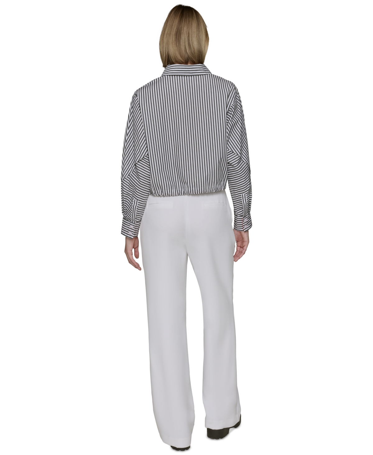 KARL LAGERFELD WOMEN'S COTTON STRIPED CONTRAST-COLLAR DRAWCORD BUTTON-FRONT TOP 