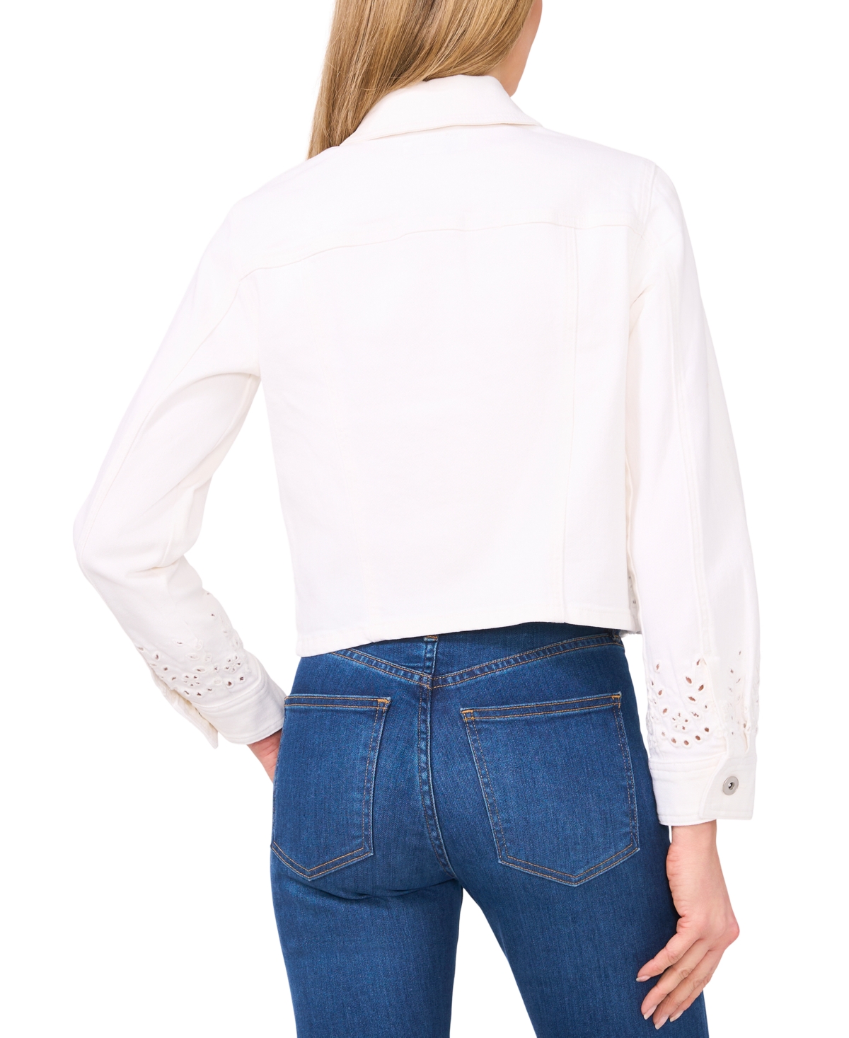 CECE WOMEN'S EYELET SCALLOPED-HEM DENIM JACKET 