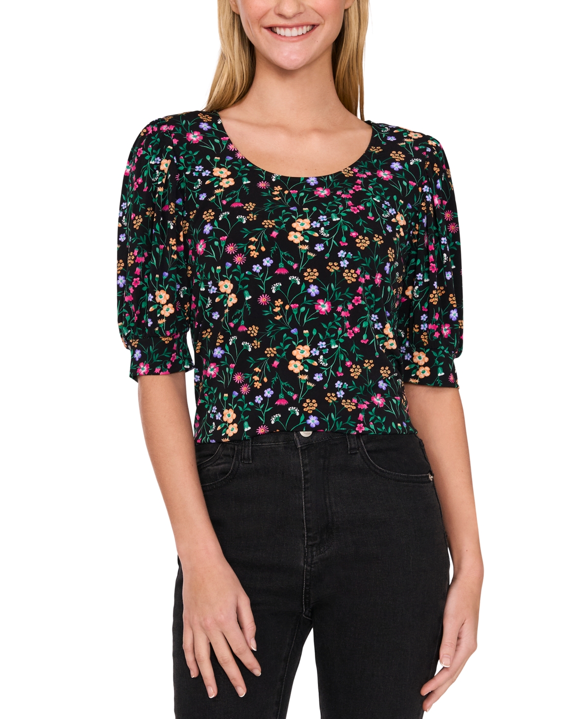 Women's Puff-Sleeve Printed Knit Top - Rich Black