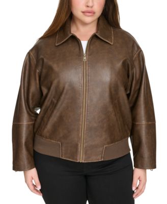 Plus Size Faux Leather Dad Bomber Jacket