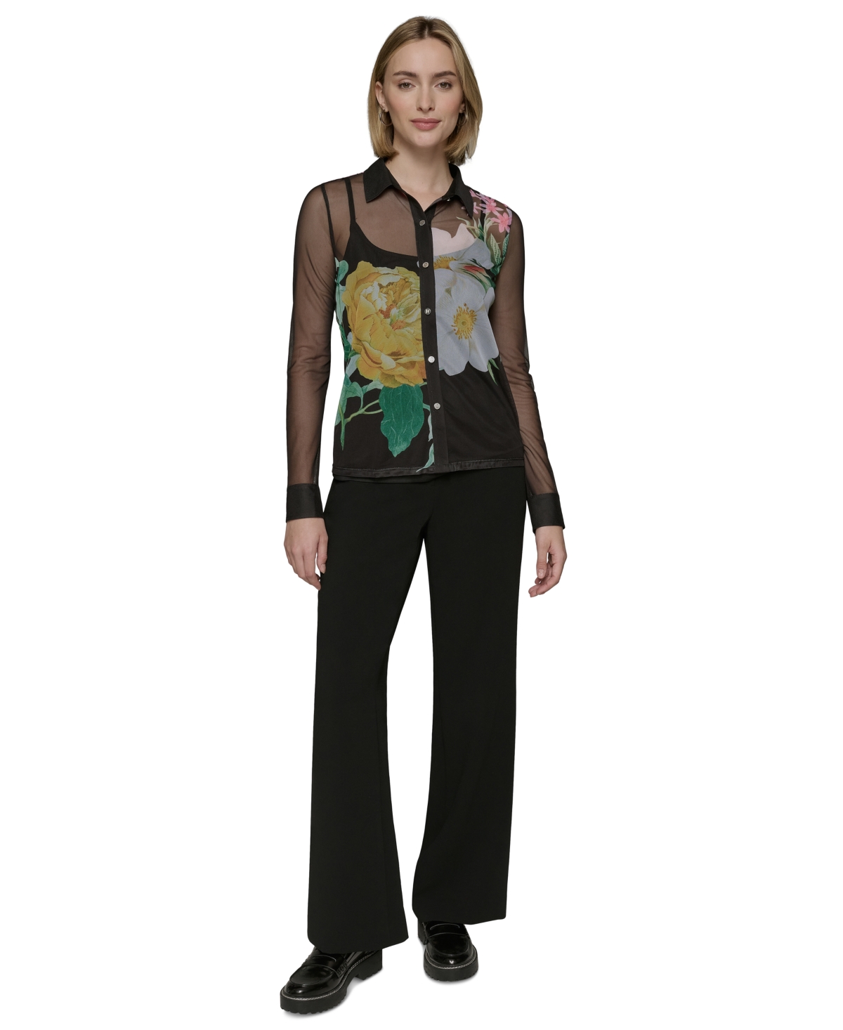 Shop Karl Lagerfeld Women's Sheer Floral Knit Button-front Top In Black