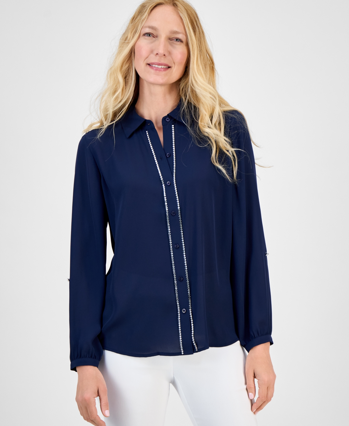 Women's Solid Embellished Button Blouse, Exclusively at Macy's - Intrepid Blue