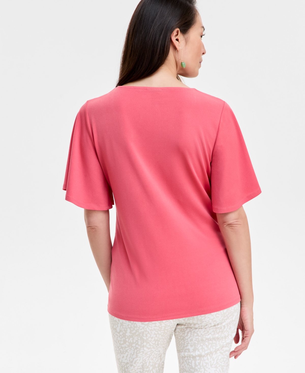 JM COLLECTION WOMEN'S SOLID FLUTTER-SLEEVE SQUARE NECK CREPE TOP, EXCLUSIVELY AT MACY'S 