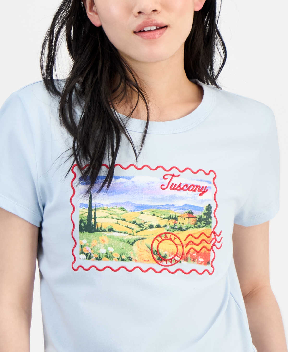Rebellious One Juniors' Tuscany Postal Graphic T-shirt