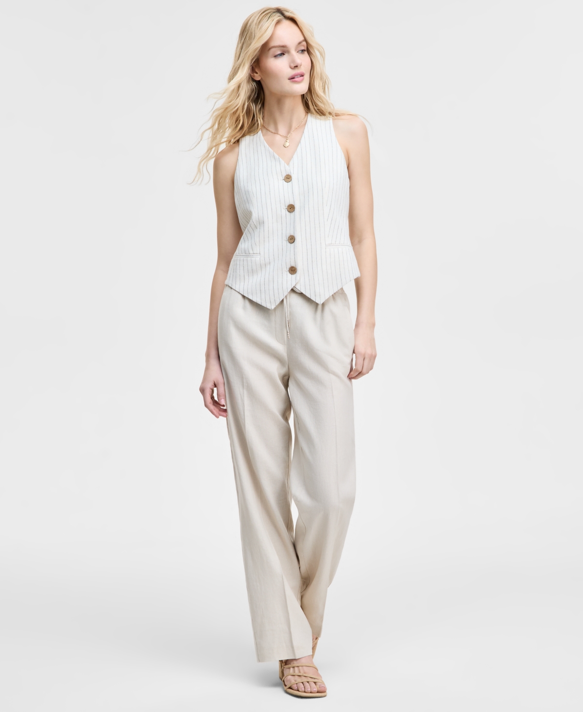 Jones New York Womens Striped Button Front Vest Wide Leg Pants In Natural Stone,jones Black
