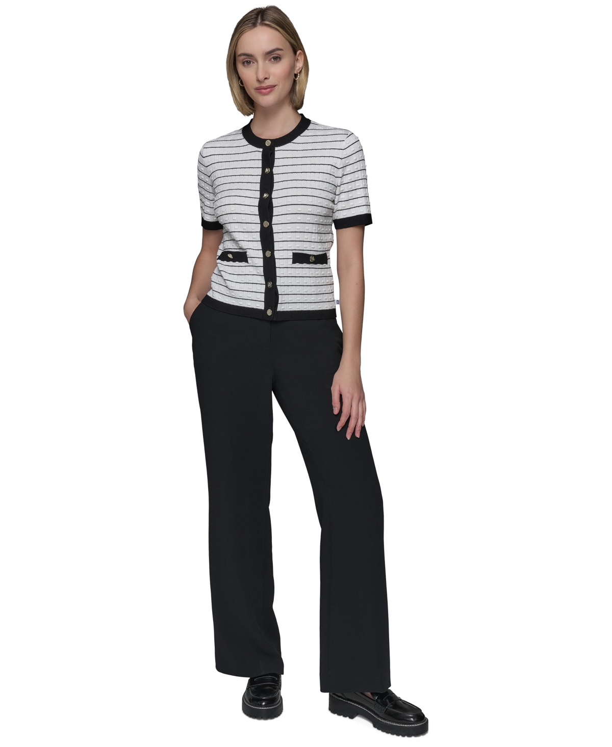 Shop Karl Lagerfeld Women's Striped Short-sleeve Cardigan In Soft White Black