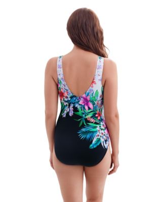 Women's Garland Edge Panel Scoopback Highneck Long Torso One-Piece Swimsuit