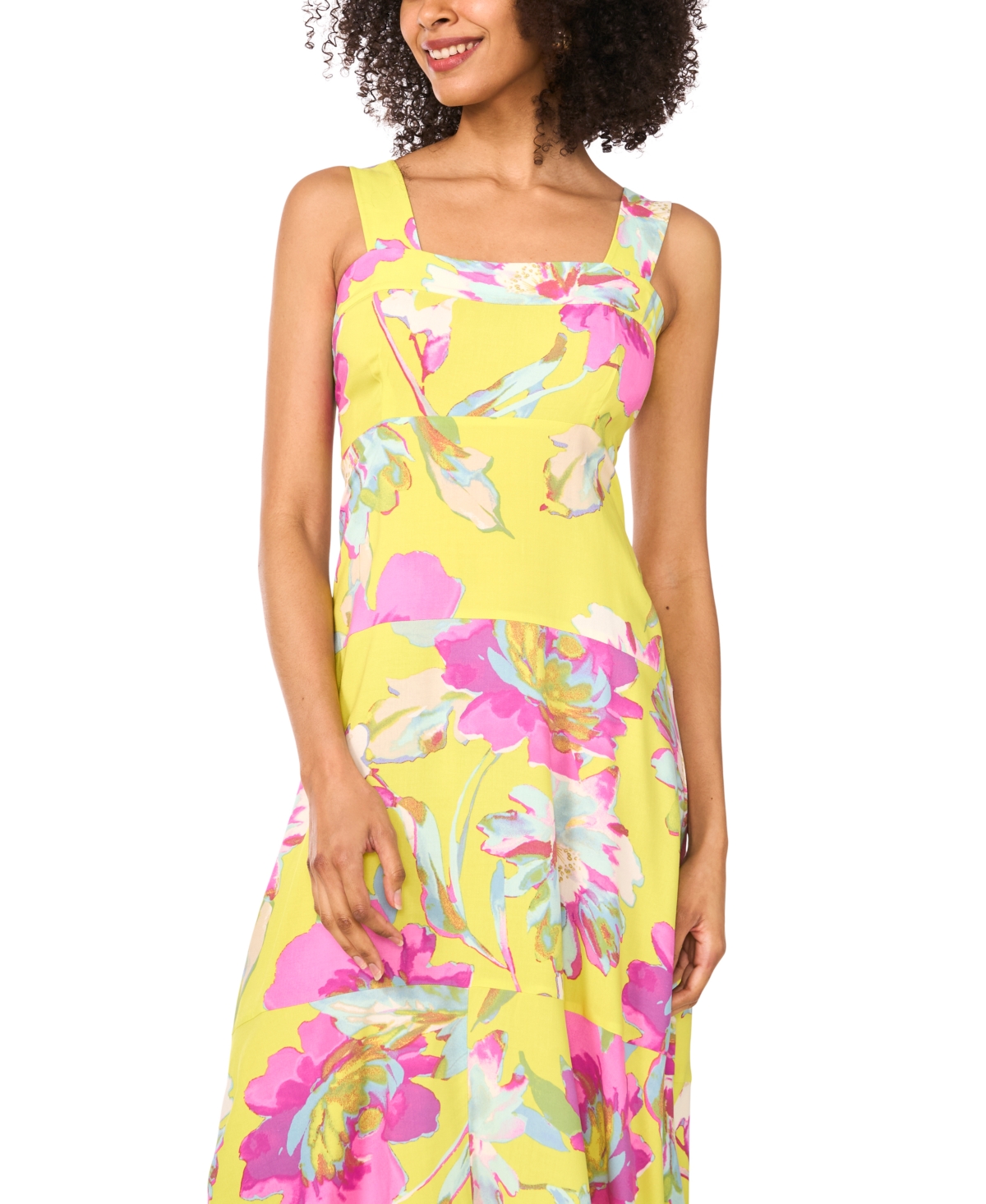 VINCE CAMUTO WOMEN'S FLORAL SQUARE-NECK SMOCKED-BACK SLEEVELESS MAXI DRESS 